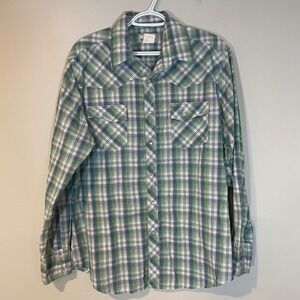 VTG Wrangler Wrancher Pearl Snap Western Long Sleeve Plaid Shirt L Mens‎ Green